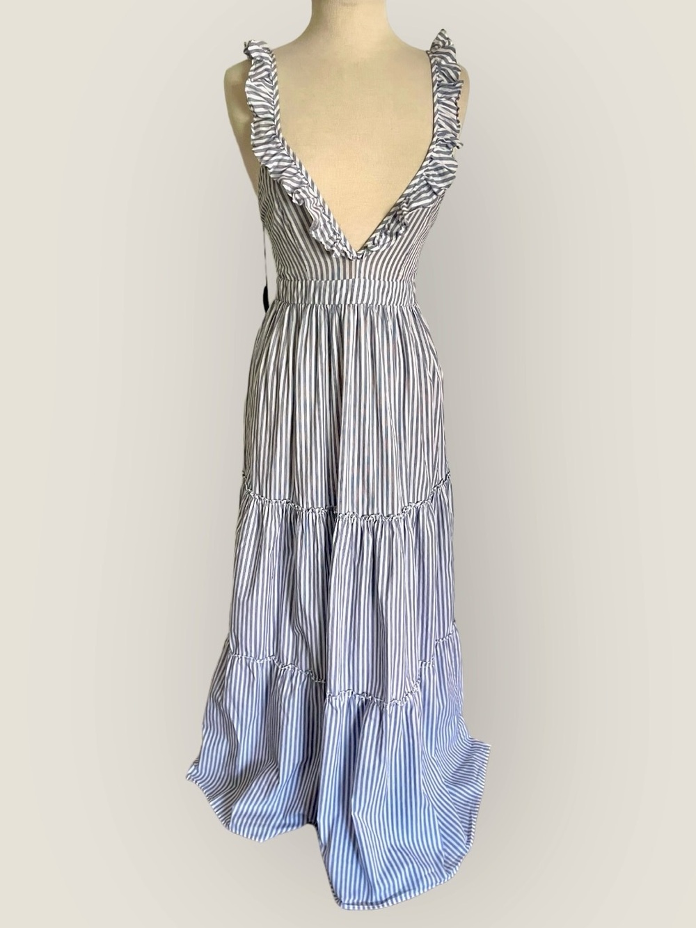 FOREVER 21 floaty pinstripe RUFFLES cotton maxi dress sexy plunge MEDIUM
